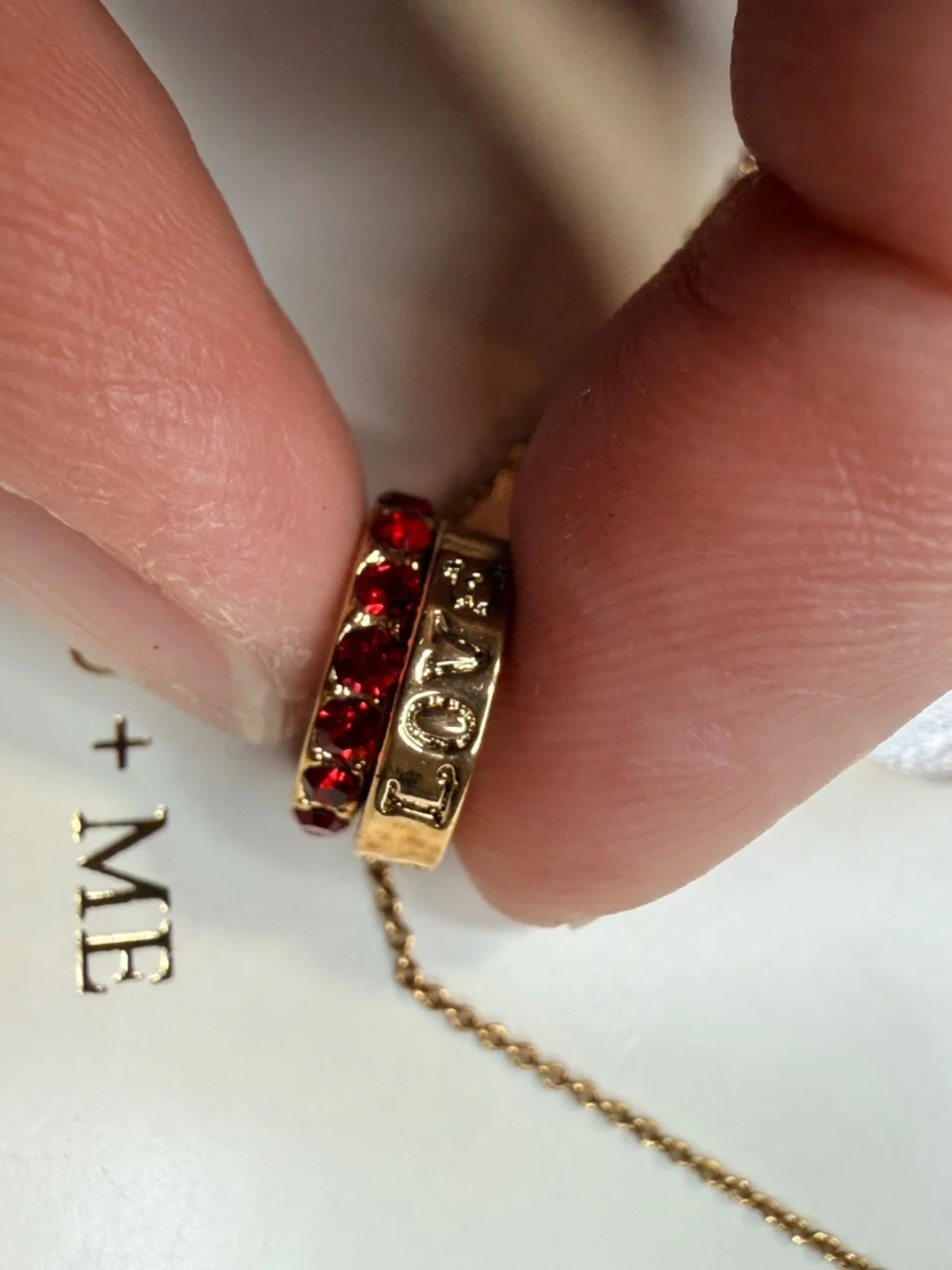 Tiny Tags You + Me Necklace 14K Gold Ion Plated LOVE Red Stones 16-18